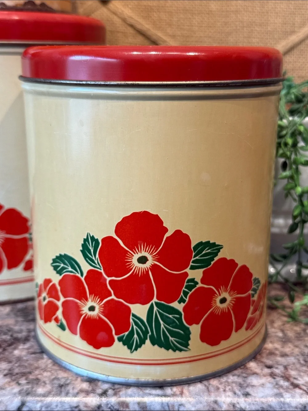 Vintage Decoware Floral Red & Cream Canister Set